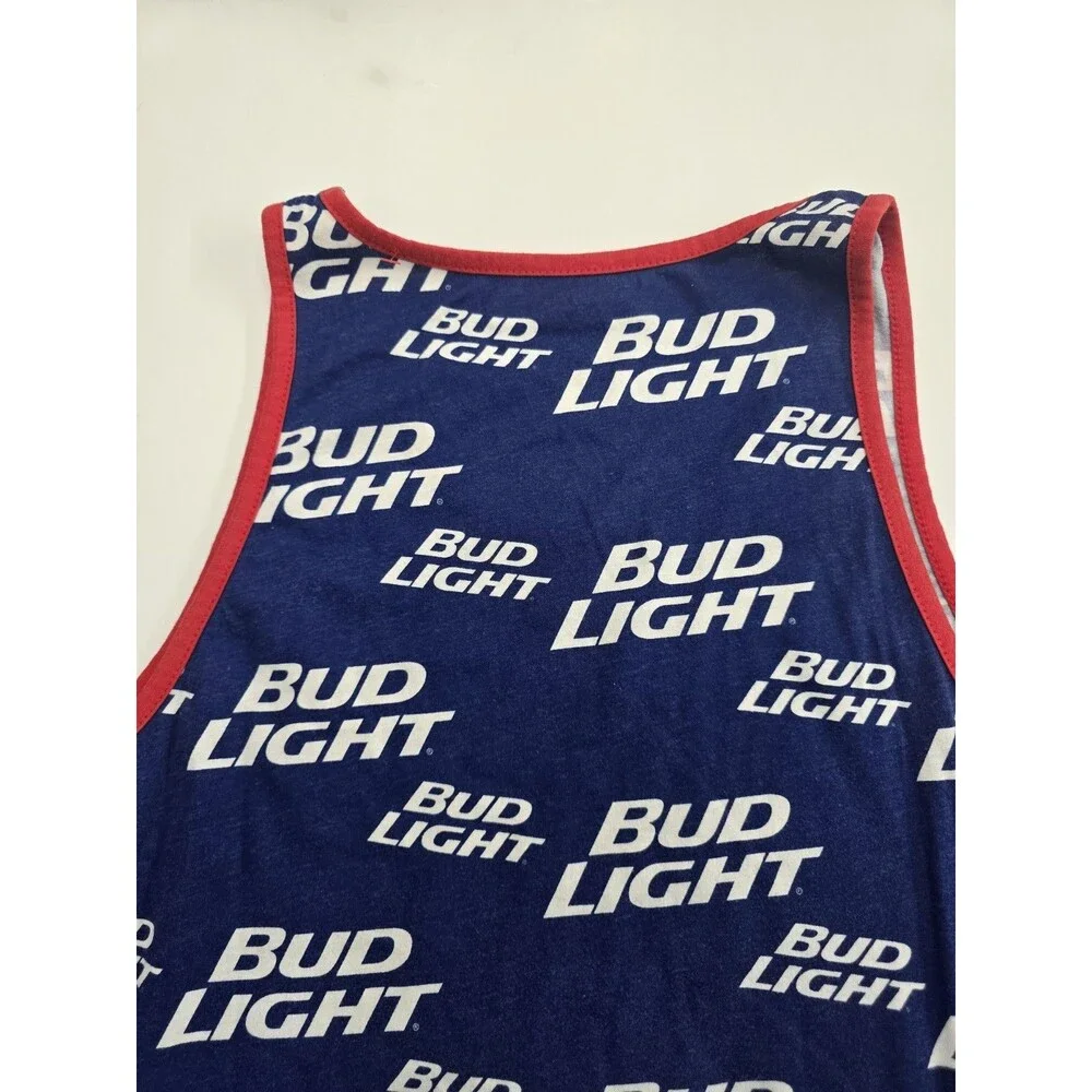 Bud Light Beer Men's Tank Top All Over Print Logo Blue Red Trim Size XL 46/48